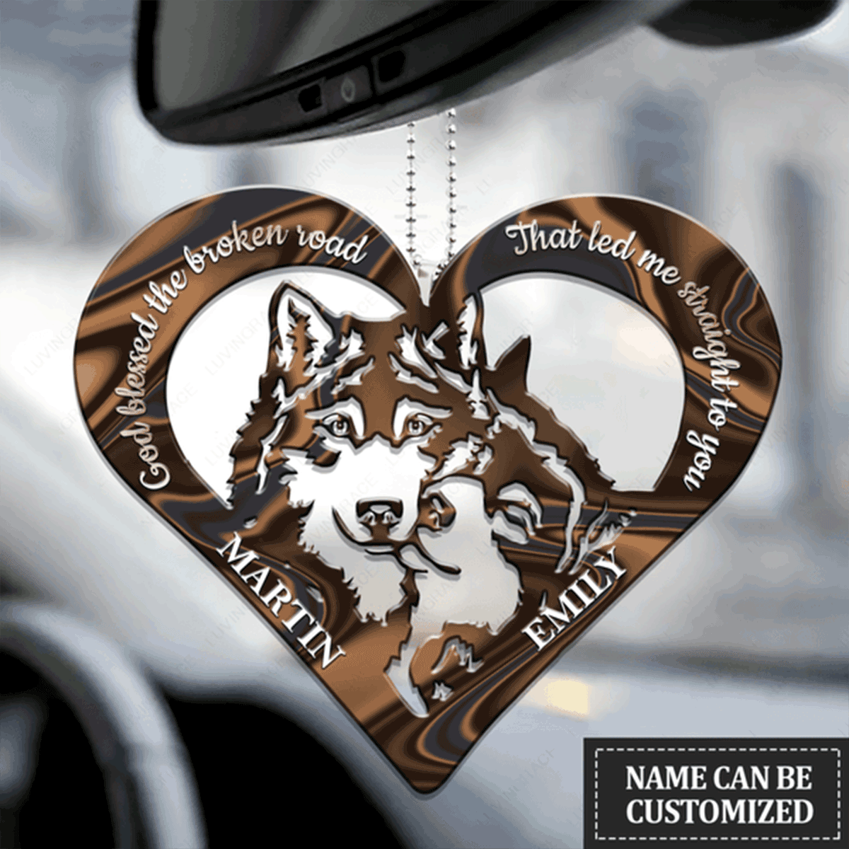 Customized Name Wolf Heart God Blessed Acrylic Car Ornament, Perfect Christmas Gift For Couple