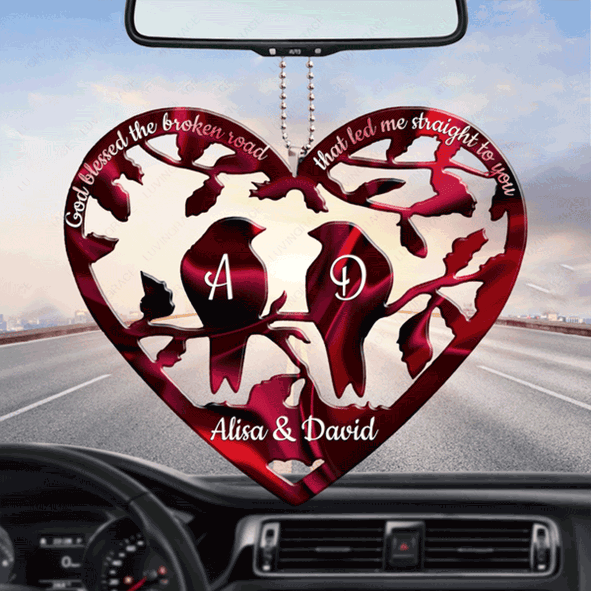 Personalized Bird Couple Heart God Blessed Acrylic Car Ornament, Perfect Christmas Gift For Family, Friends