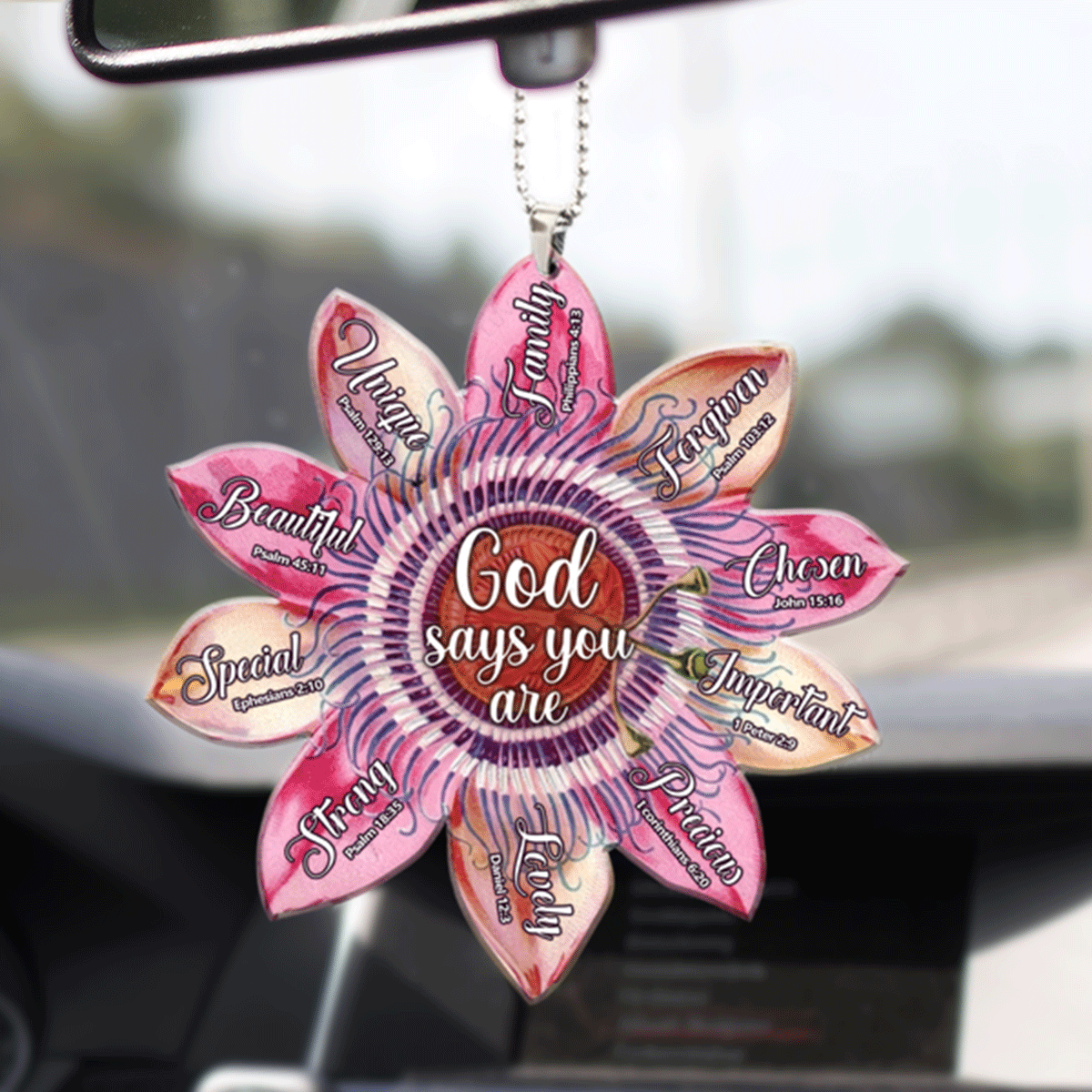 Pink Passion Flower God Says Acrylic Car Ornament, Perfect Christmas Gift For Family, Friend