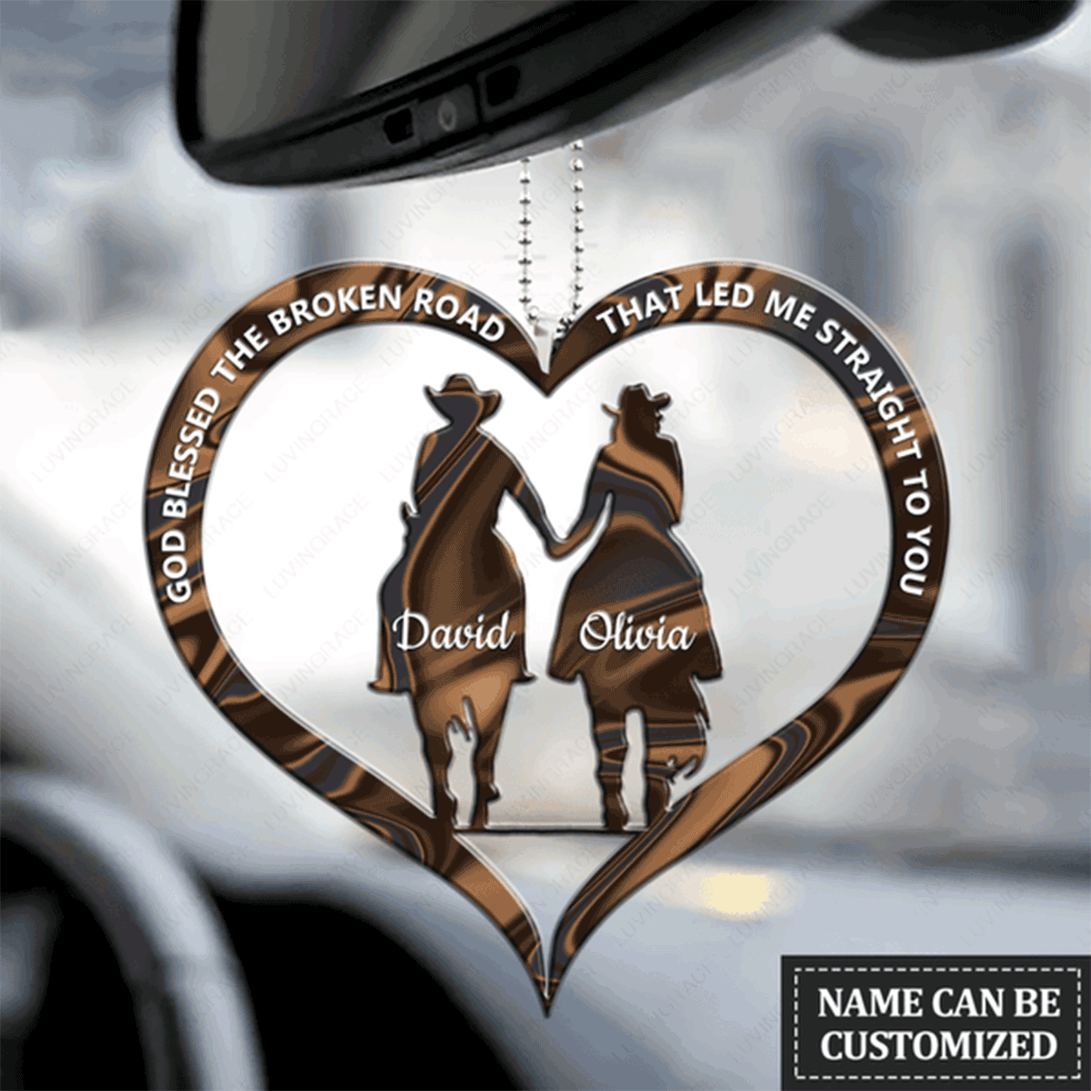 Customized Name Cowboy and Cowgirl Holding Hands God Blessed Acrylic Car Ornament, Perfect Christmas Gift For Couple