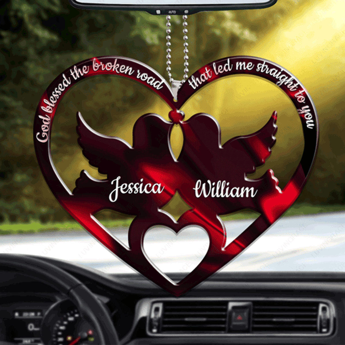 Customized Name Dove Couple Heart God Blessed Acrylic Car Ornament, Perfect Christmas Gift For Couple