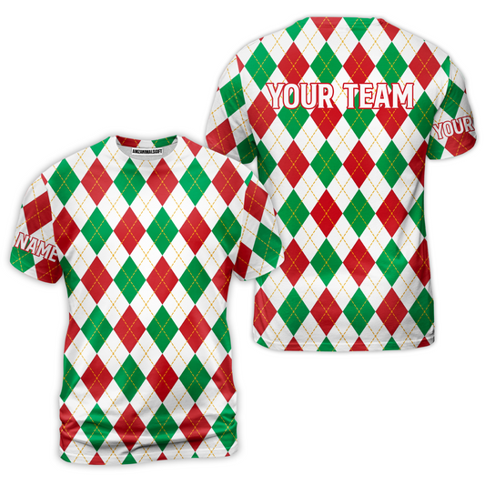 Christmas Plaid Argyle Pattern Golf T Shirt - Custom Name Apparel - Personalized Gift For Golf Lover, Team