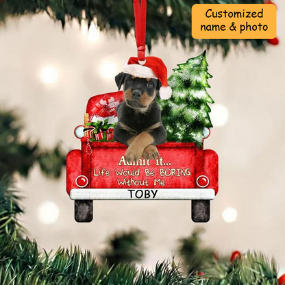 Customized Name Photo Rottweiler On The Red Truck Acrylic Christmas Ornament, Christmas Gift For Dog Lovers, Dog Owners