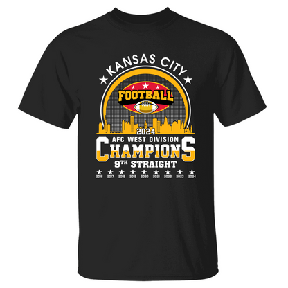 2024 Kansas City Football AFC West Champs 9th Straight T-Shirts Skyline, Conquered The AFC West Champs Shirt For Kansas City Football