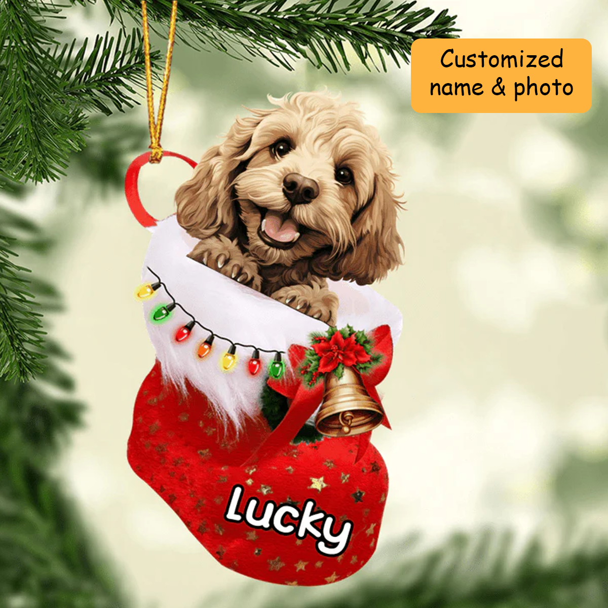 Personalized Cockapoo Dog In Christmas Stocking Acrylic Ornament, Christmas Acrylic Ornament for Dog Lover