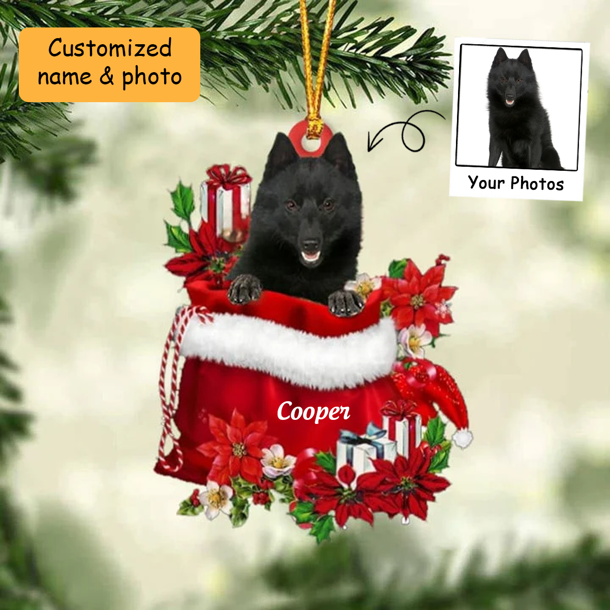 Customized Schipperke In Red Gift Bag Acrylic Ornament, Personalized Christmas Gift For Dog Lovers, Dog Mom