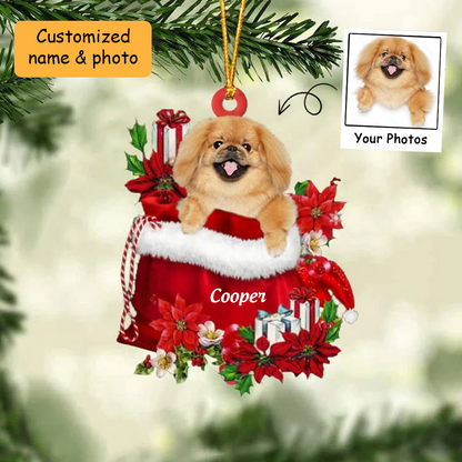 Customized Pekingese In Red Gift Bag Acrylic Ornament, Personalized Christmas Gift For Dog Lovers, Dog Mom