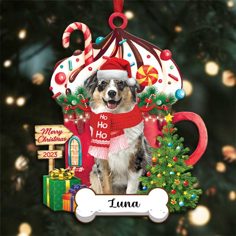 Custom Name Australian Shepherd Dog With Christmas Hot Chocolate Cup Acrylic Ornaments, Ornament Gift For Dog Mom Dad