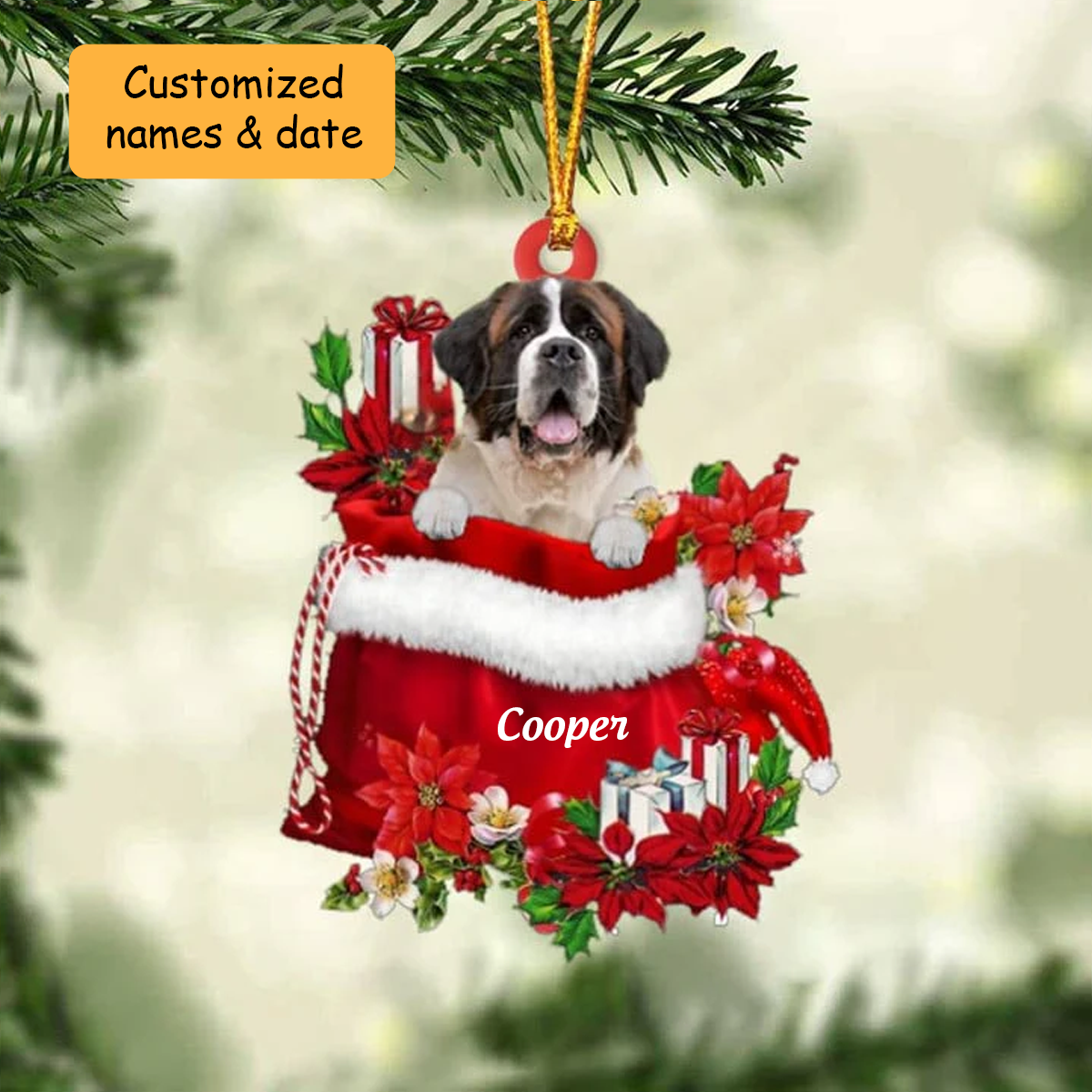 Customized St Bernard In Red Gift Bag Acrylic Ornament, Personalized Christmas Gift For Dog Lovers, Dog Mom