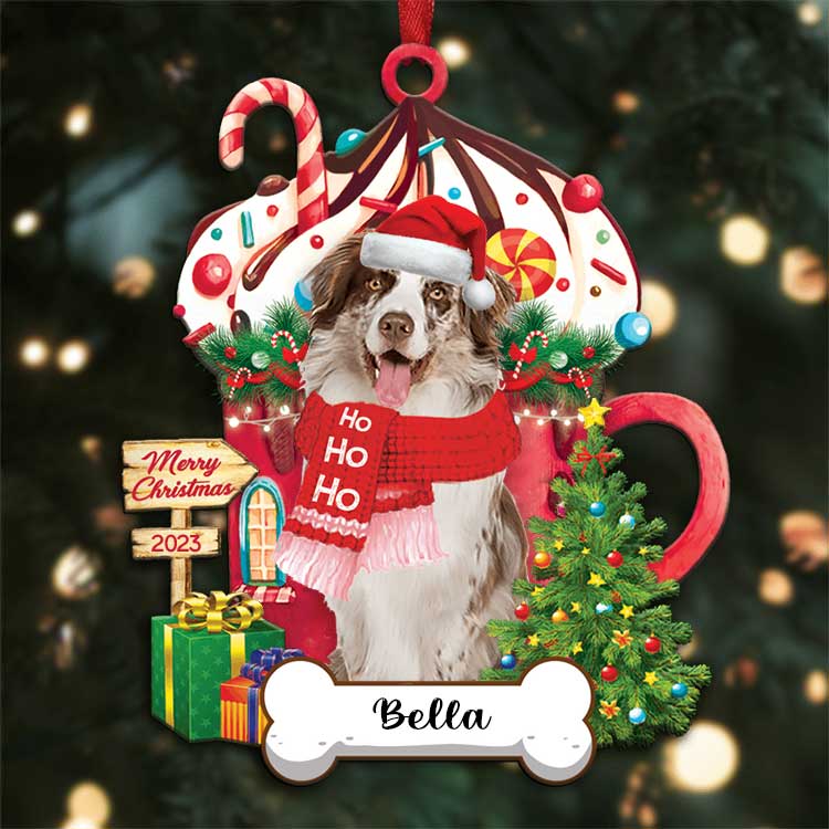 Custom Name Australian Shepherd Dog With Christmas Hot Chocolate Cup Acrylic Ornaments, Christmas Gift For Dog Mom Dad