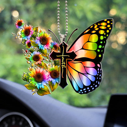 Rainbow Sunflower Butterfly Cross Faith Acrylic Car Ornament - Perfect Christmas Gift For Family, Friends