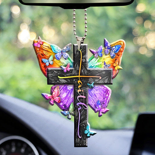 Colorful Butterfly Cross Faith Acrylic Car Ornament, Perfect Christmas Gift For Family, Friends