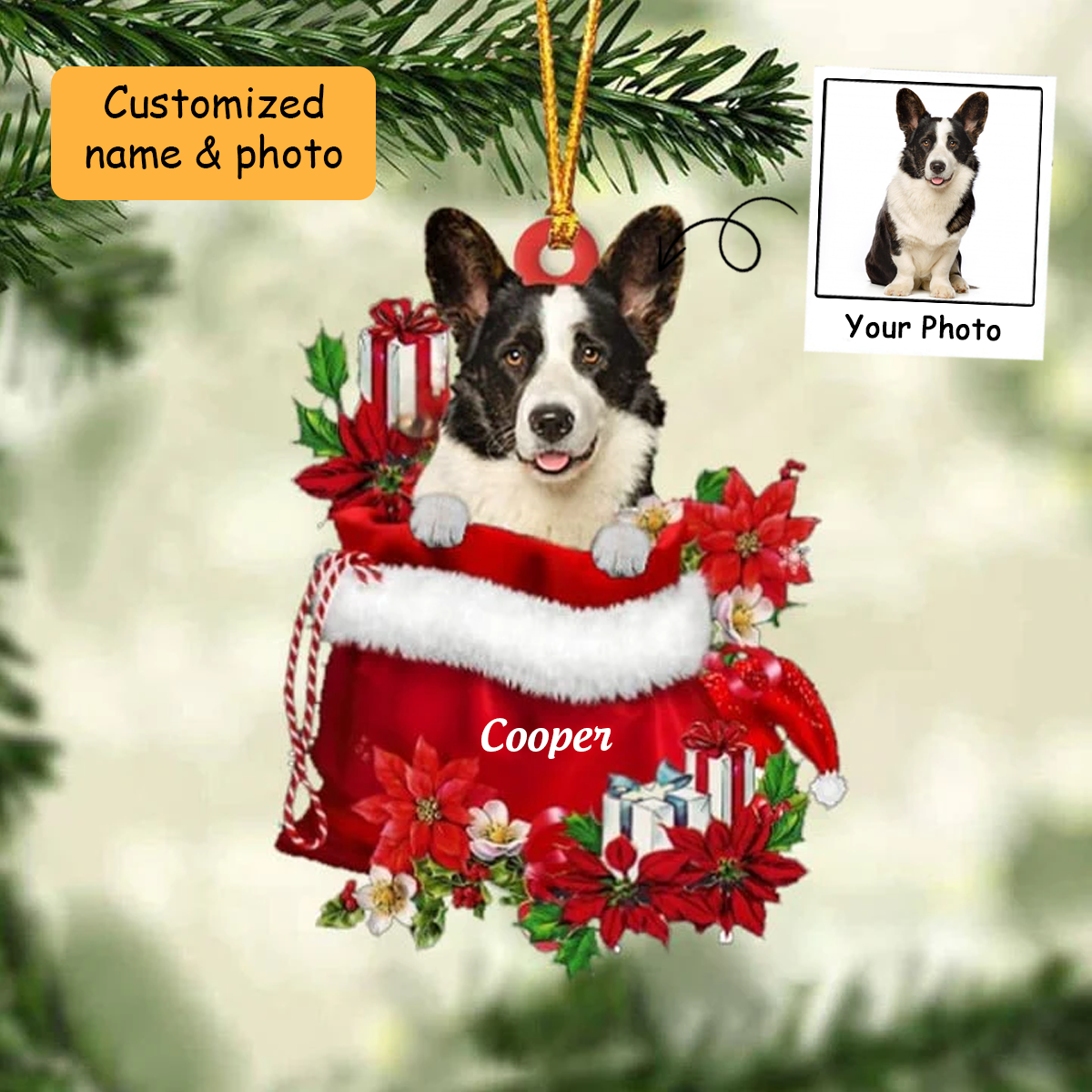 Customized Pembroke Welsh Corgi In Red Gift Bag Acrylic Ornament, Christmas Gift For Dog Lovers, Dog Mom