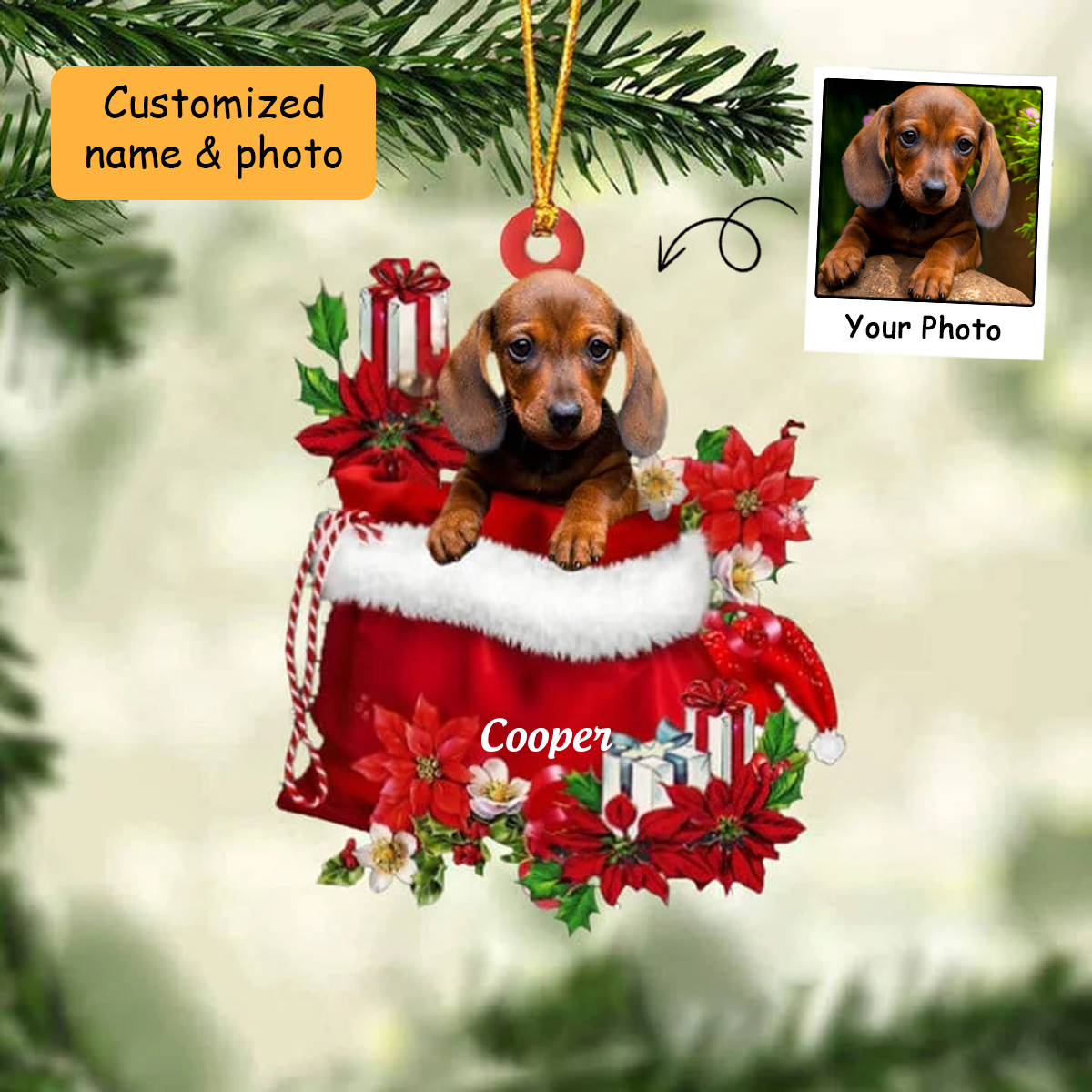 Customized Dachshund Dog In Red Gift Bag Acrylic Ornament, Christmas Gift For Dog Lovers, Dog Mom