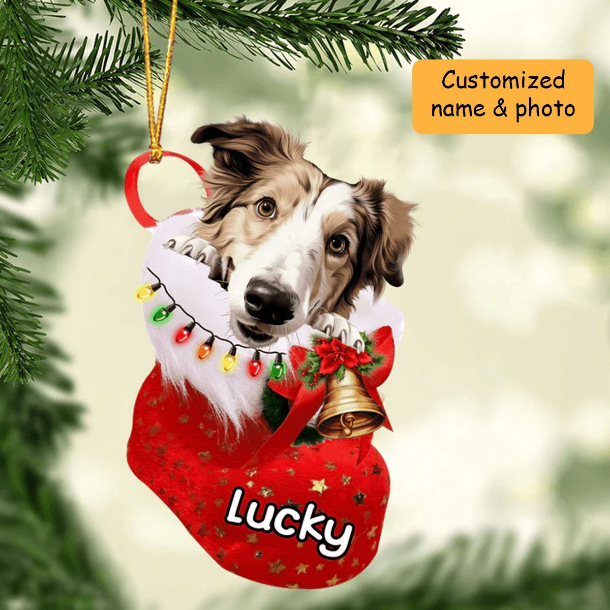Personalized Borzoi In Christmas Stocking Acrylic Ornament, Christmas Gifts Ornament for Dog Lover