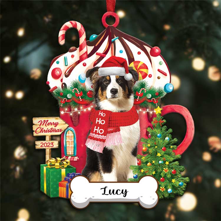 Custom Name Australian Shepherd Dog With Christmas Hot Chocolate Cup Acrylic Ornaments, Christmas Gift For Dog Mom