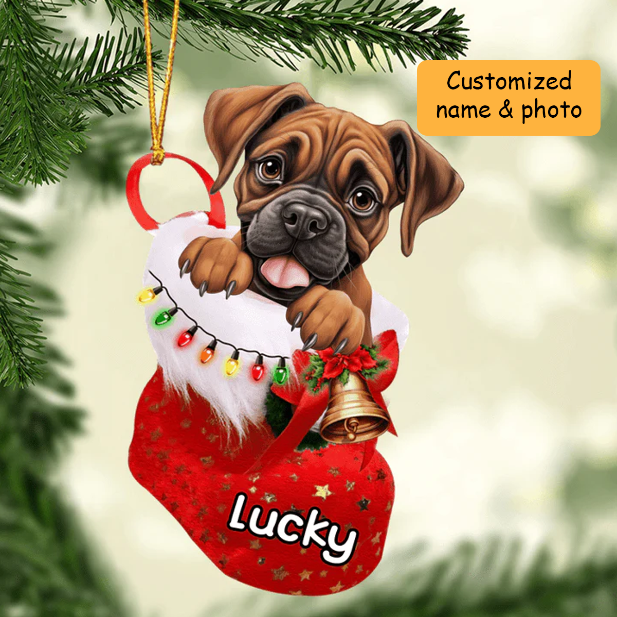 Personalized Boxer In Christmas Stocking Acrylic Ornament, Christmas Gifts Ornament for Dog Lover