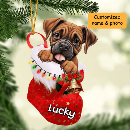 Personalized Boxer In Christmas Stocking Acrylic Ornament, Christmas Gifts Ornament for Dog Lover