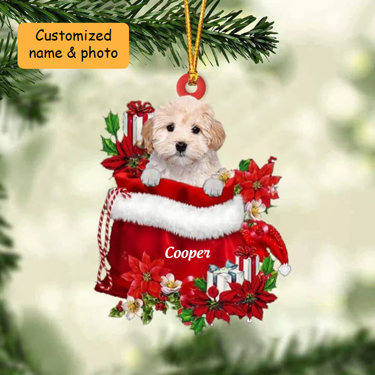 Customized Maltipoo Dog In Red Gift Bag Acrylic Christmas Ornament, Christmas Gift For Dog Lovers, Dog Mom