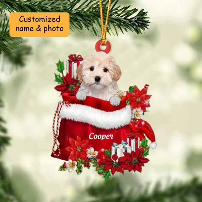 Customized Maltipoo Dog In Red Gift Bag Acrylic Christmas Ornament, Christmas Gift For Dog Lovers, Dog Mom