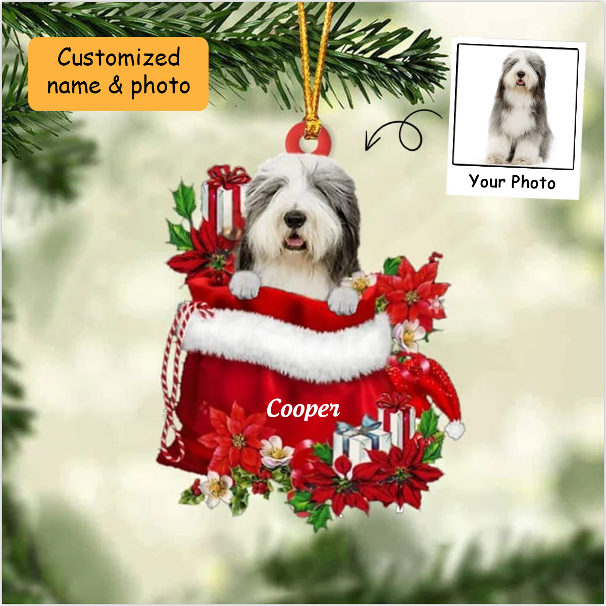 Personalized Old English Sheepdog In Red Gift Bag Acrylic Ornament, Christmas Gift For Dog Lovers, Dog Mom