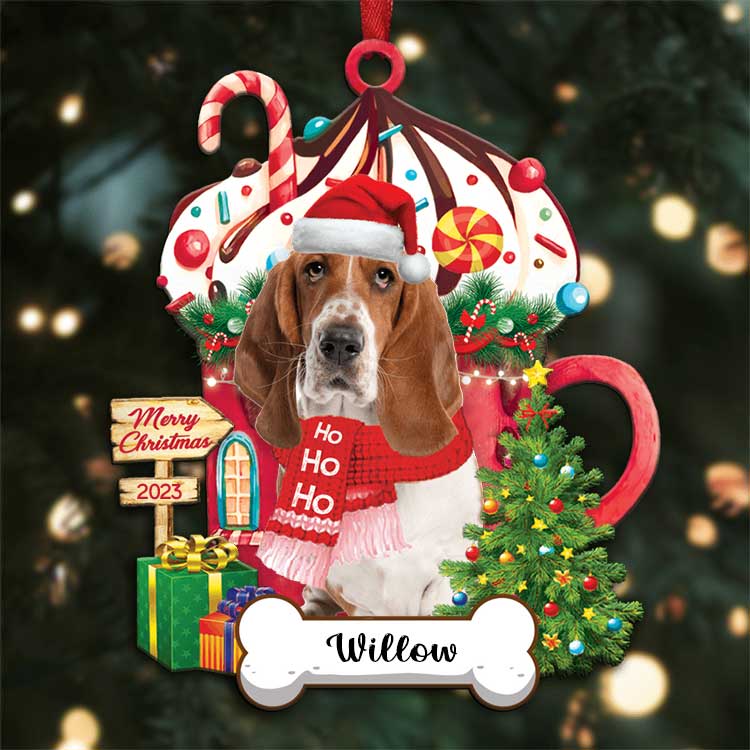 Custom Name Basset Hound Dog With Christmas Hot Chocolate Cup Acrylic Ornaments, Christmas Gift For Dog Mom