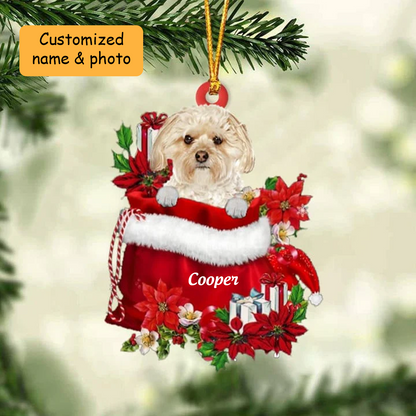 Personalized Morkie Dog In Red Gift Bag Acrylic Ornament, Custom Christmas Gift For Dog Lovers, Dog Mom