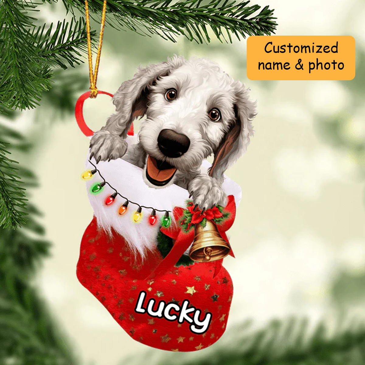Personalized Bedlington Terrier in Christmas Stocking Acrylic Ornament, Christmas Gifts Ornament for Dog Lover
