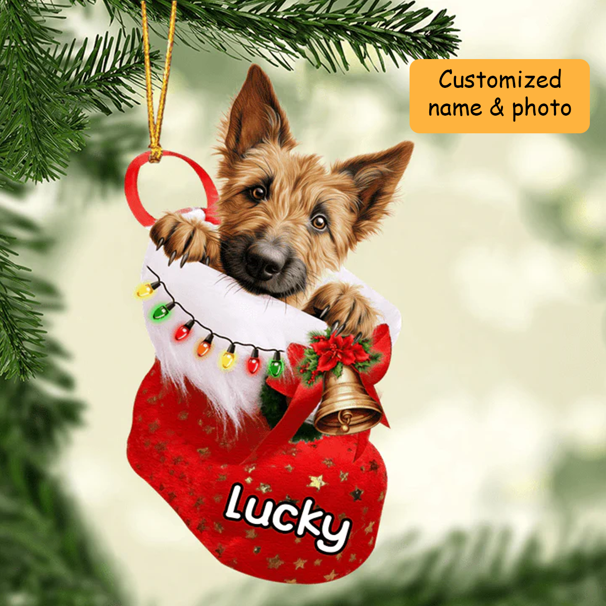 Personalized Berger Picard in Christmas Stocking Acrylic Ornament, Christmas Gifts Ornament for Dog Lover