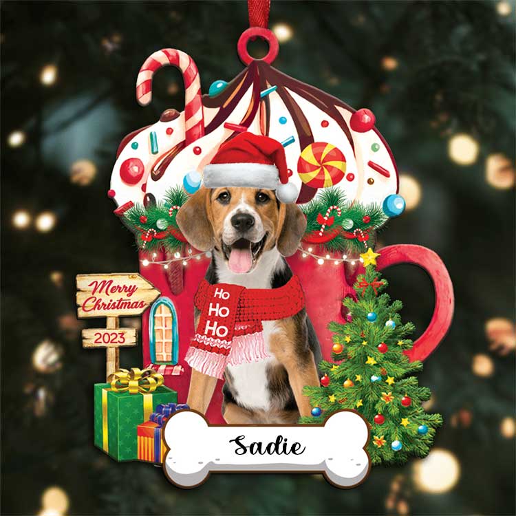 Custom Name Beagle Dog With Christmas Hot Chocolate Cup Acrylic Ornaments, Christmas Gift For Dog Mom