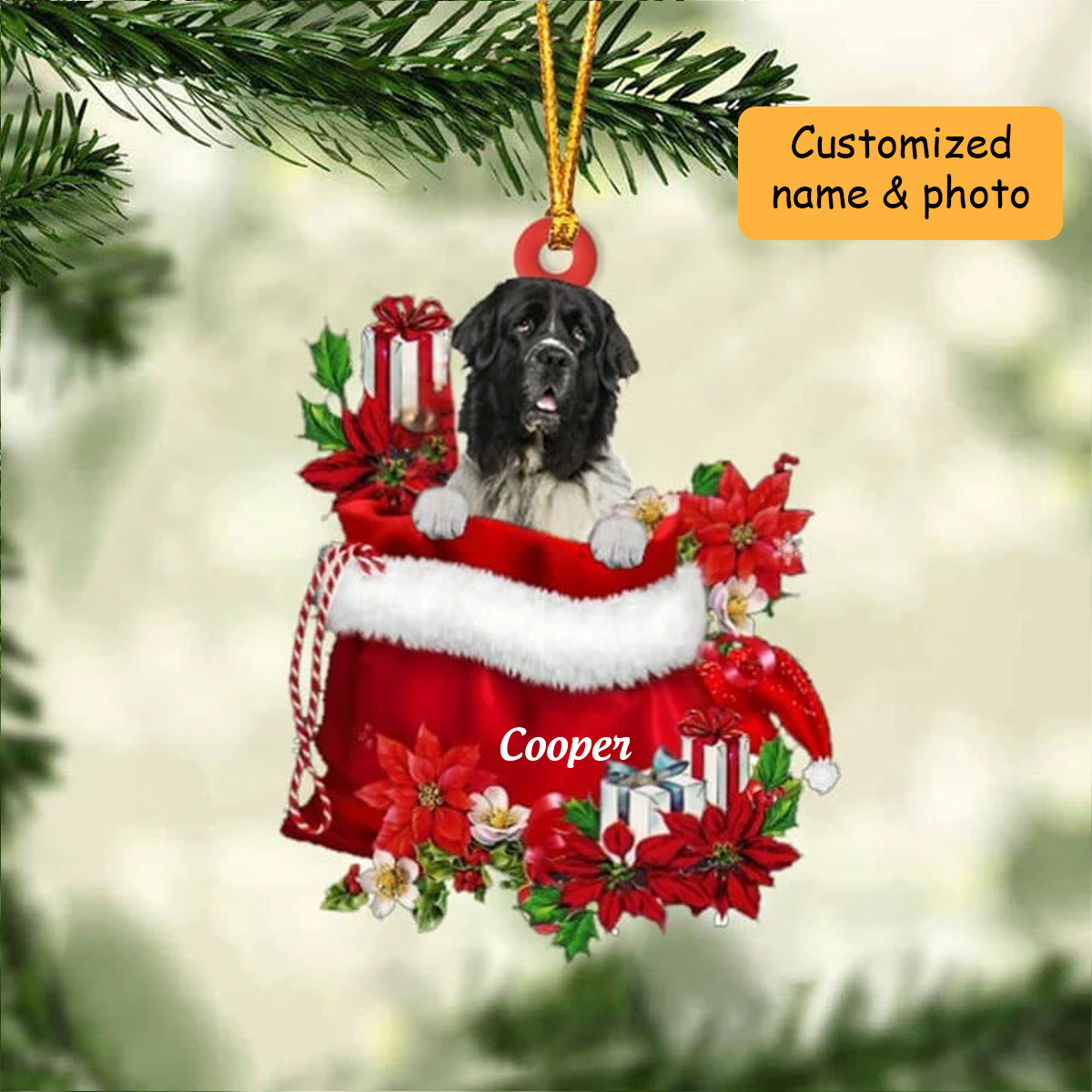 Personalized Newfoundland Dog In Red Gift Bag Acrylic Ornament, Custom Christmas Gift For Dog Lovers, Dog Mom