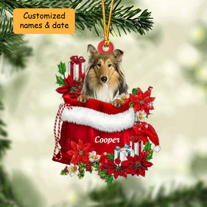 Personalized Scotch Collie Dog In Red Gift Bag Acrylic Ornament, Custom Christmas Gift For Dog Lovers, Dog Mom