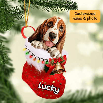 Personalized Basset Hound in Christmas Stocking Acrylic Ornament, Christmas Gifts Ornament for Dog Lover