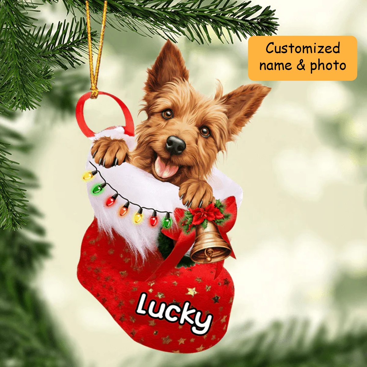 Personalized Australian Terrier in Christmas Stocking Acrylic Ornament, Christmas Gifts Ornament for Dog Lover