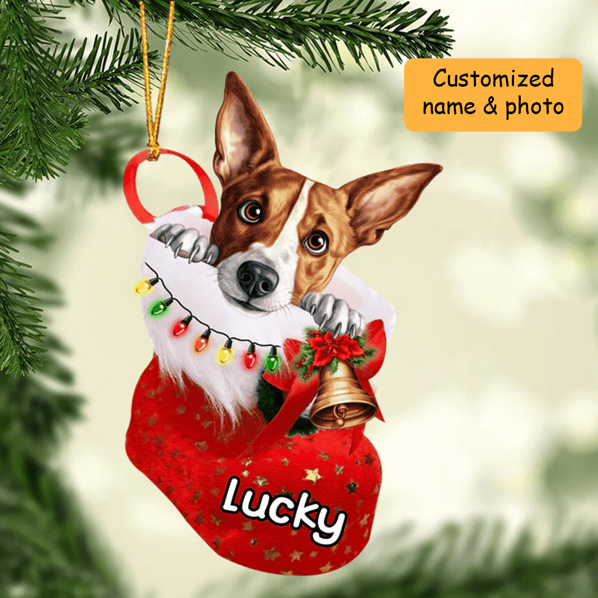Personalized Basenji in Christmas Stocking Acrylic Ornament, Christmas Gifts Ornament for Dog Lover