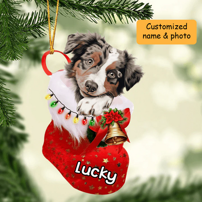 Personalized Australian Shepherd in Christmas Stocking Acrylic Ornament, Christmas Gifts Ornament for Dog Lover