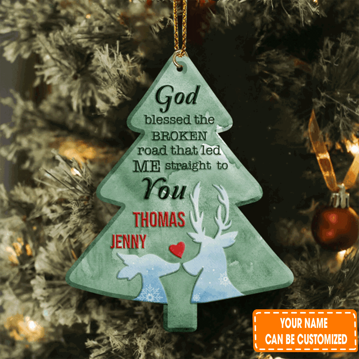 Personalized Christmas Green Pine Reindeer Couple God Blessed Acrylic Ornament For Couple