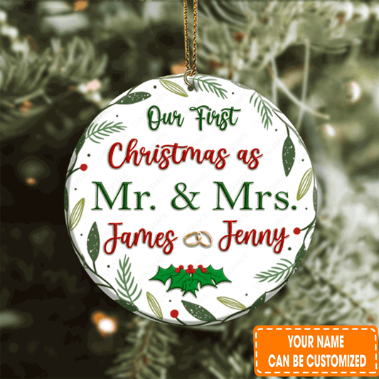 Personalized Floral Frame Couple Rings Our First Christmas Circle Ceramic Ornament For 1st Couple Christmas