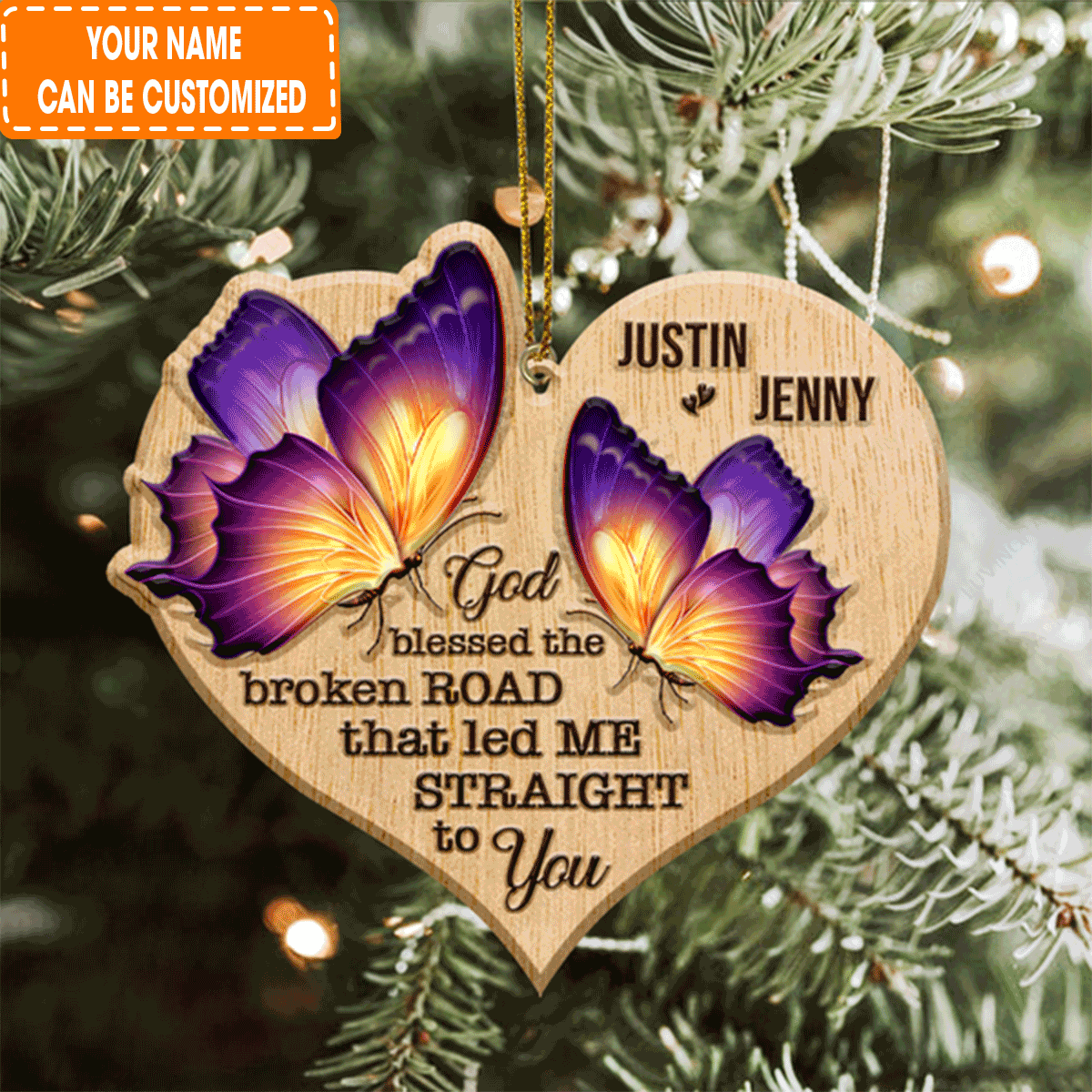 Personalized Heart Butterfly Couple God Blessed Acrylic Ornament For Couple, Christmas Holiday Decor