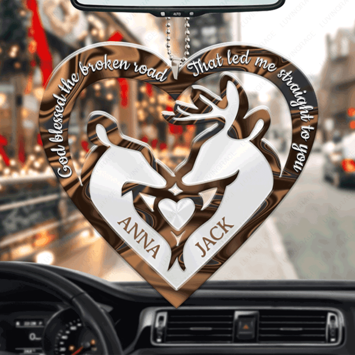 Customized Name Deer Couple In Heart Shape God Blessed Acrylic Car Ornament, Perfect Christmas Gift For Couple