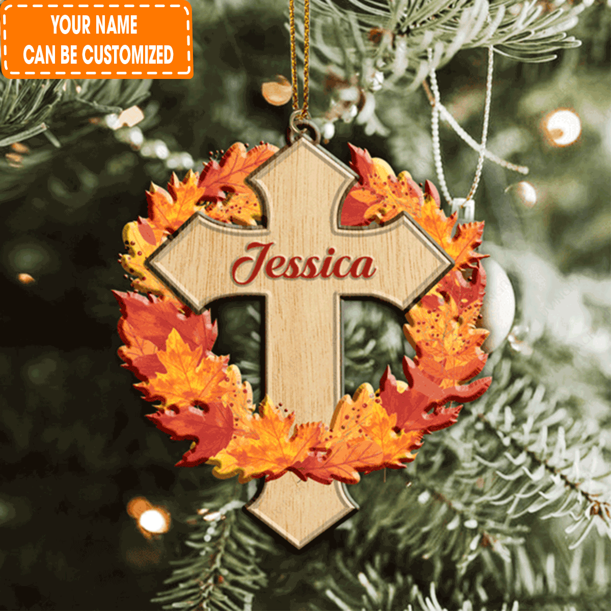 Customized Autumn Maple Faith Cross Jesus Christian Lover Acrylic Ornament, Fall Autumn Christmas Decor For Christian