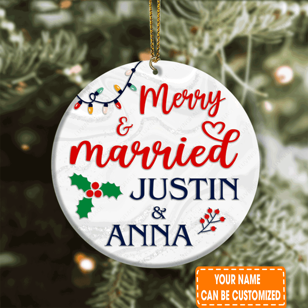 Personalized Christmas Light Floral Merry And Married Circle Ceramic Ornament For 1st Christmas Couple