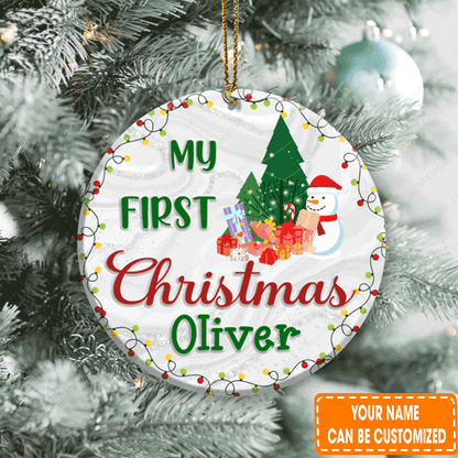 Personalized First Christmas Snowman Pine And Gifts Circle Ceramic Ornament For 1st Christmas Daughter, Son, Family