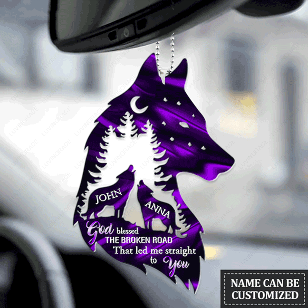 Custom Name Wolf Couple In Forest God Blessed Acrylic Car Ornament, Christmas Gift For Couple