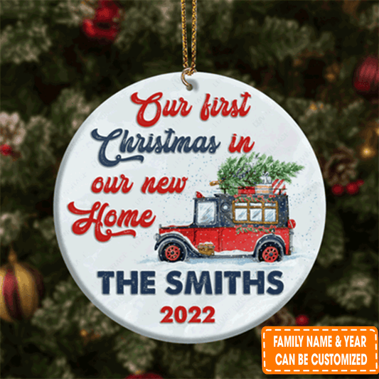 Personalized Truck Pine Gift Our First Christmas In Our New Home Circle Ceramic Ornament For Christian