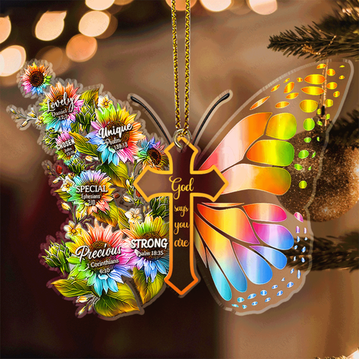 Rainbow Sunflower Butterfly God Says You Are Acrylic Ornament, Perfect Christmas Tree Decor