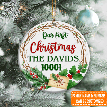 Personalized Vintage Christmas Floral Frame Our First Circle Ceramic Ornament For Family