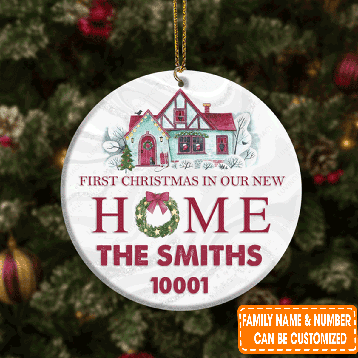 Personalized Vintage House First Christmas In Our New Home Circle Ceramic Ornament For Family, Friends