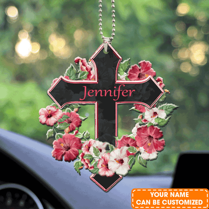 Customized Name Hibicus Wreath Cross Acrylic Car Ornament, Perfect Christmas Gift For Family, Friends