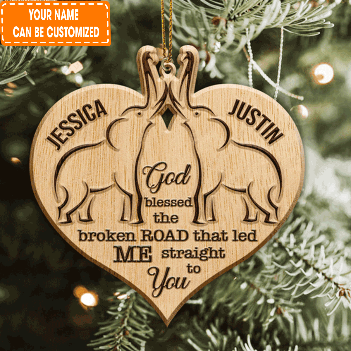 Personalized Heart Elephant Couple God Blessed Wood Engraved Acrylic Ornament For Couple, Christmas Holiday Decor